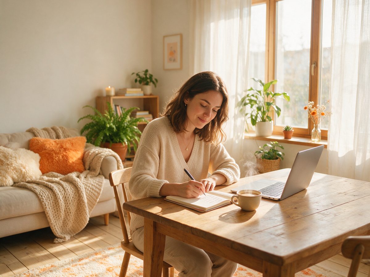 Préparer ses projets du quotidien : carnet, ordinateur et café dans un intérieur lumineux